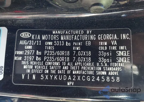 2012 Kia Sorento Ex V6 z USA, uszkodzony, nr VIN 5XYKUDA2XCG245858